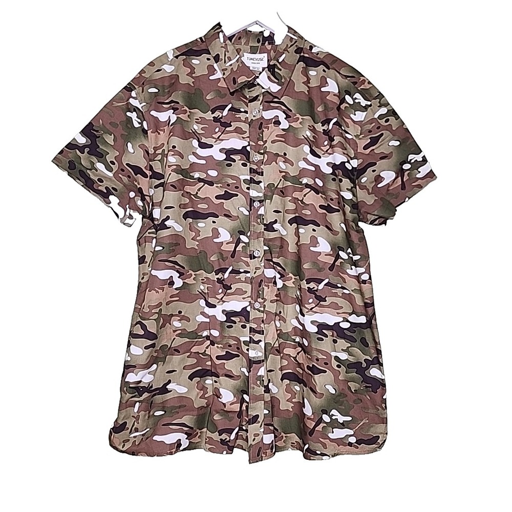 Tunevuse Button Up Shirt XXL Green Camo Regular Fit Short‎ Sleeve Casual Outdoor